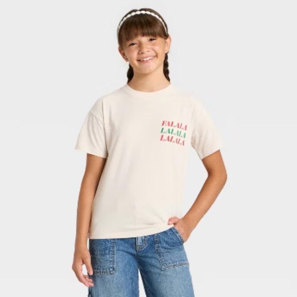 Cat & Jack Girls' Short Sleeve Christmas 'Falala' Oversized Graphic Top